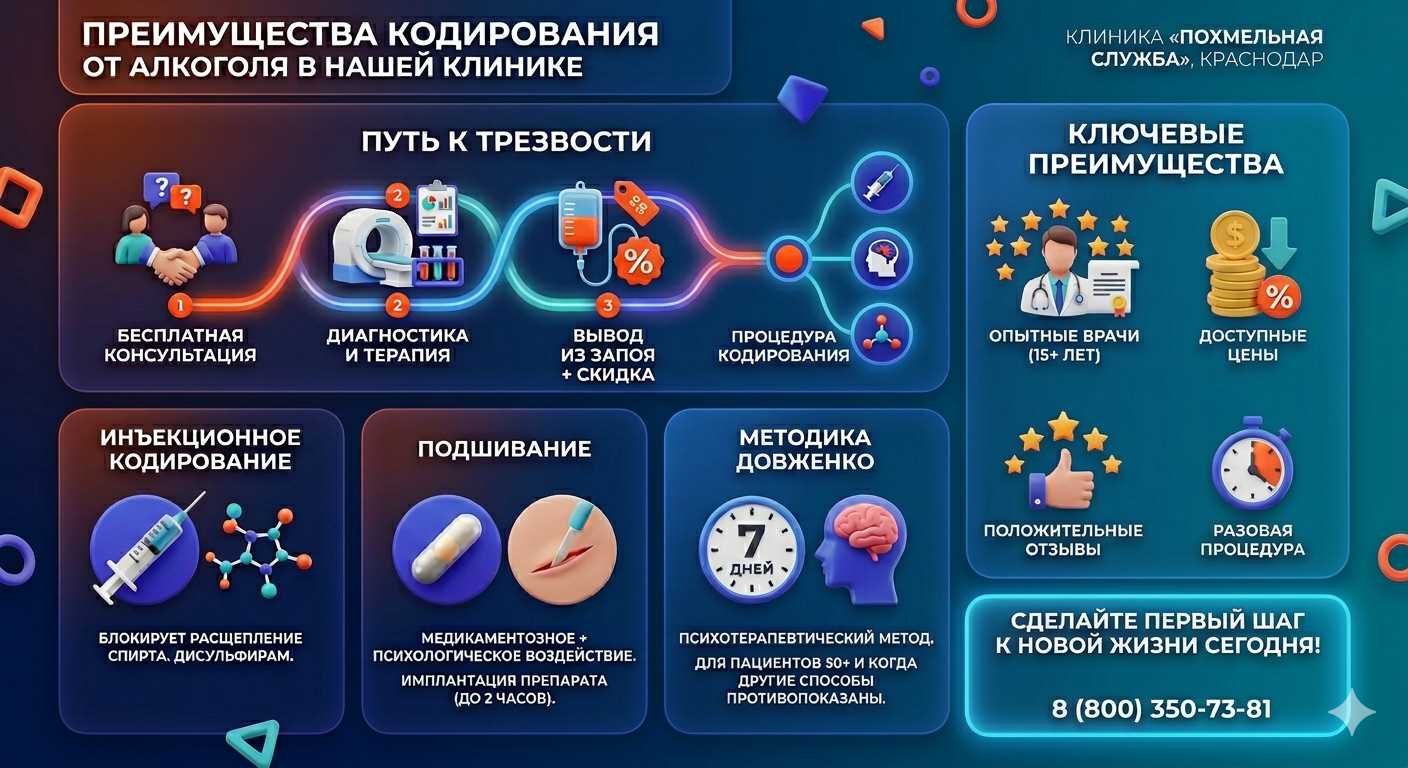 Инфографика о методах кодирования от алкоголя в Баймаке: инъекции, подшивание, метод Довженко. Преимущества клиники и этапы лечения.