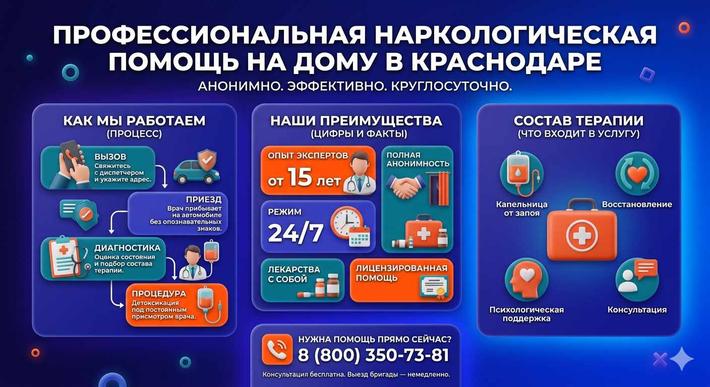 Инфографика о принципах лечения алкоголизма на дому в Баймаке: этапы вызова нарколога, преимущества анонимной детоксикации и состав медицинской помощи.